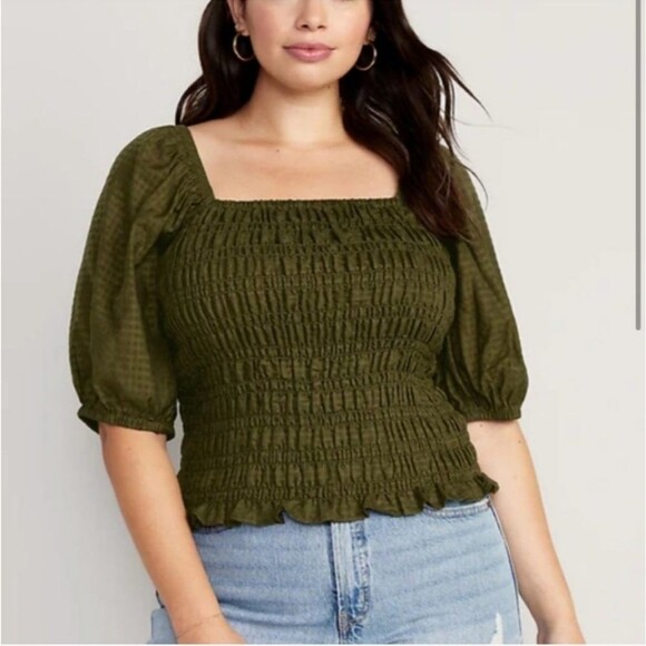 Old Navy Olive Smocked Puff Sleeve Goblincore Woodsy Fairy top size medium NWT - Picture 1 of 8